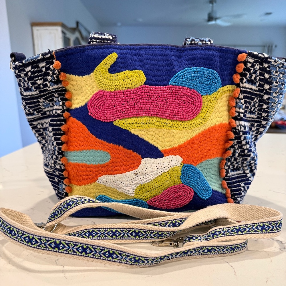 Colorful Embroidered Beaded Tote Bag - Navy Multicolor